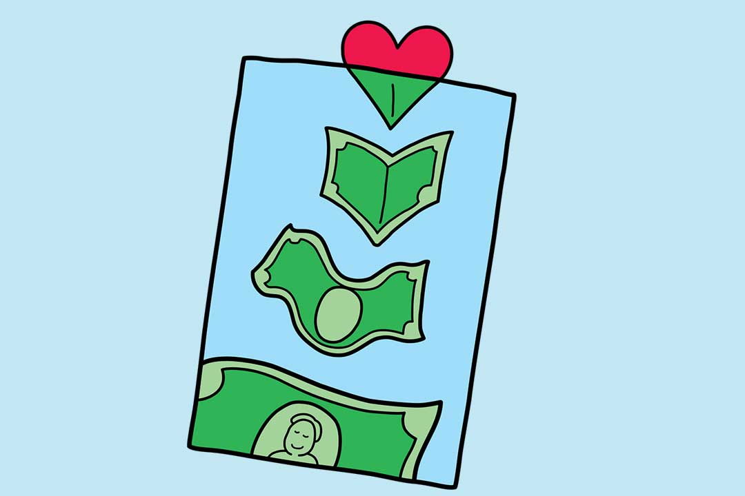 Peníze v tašce se srdíčkem, které se mění v dolarovou bankovku