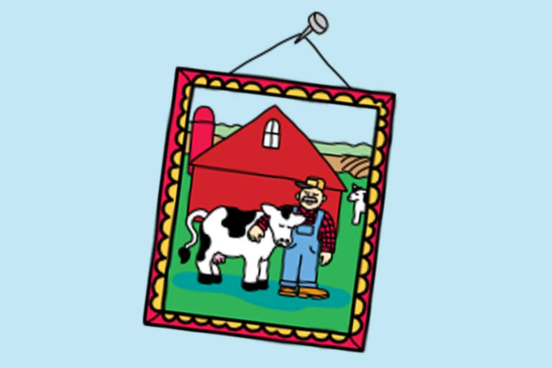 Obrázek farmáře objímajícího krávu