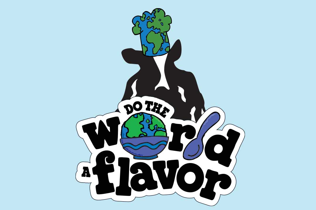 Kráva Woodie za nápisem Do The World a Flavor