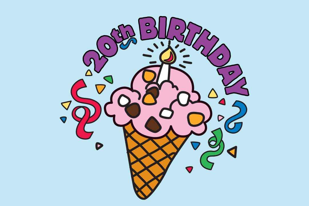 Kornout se zmrzlinou s nápisem 20th Birthday